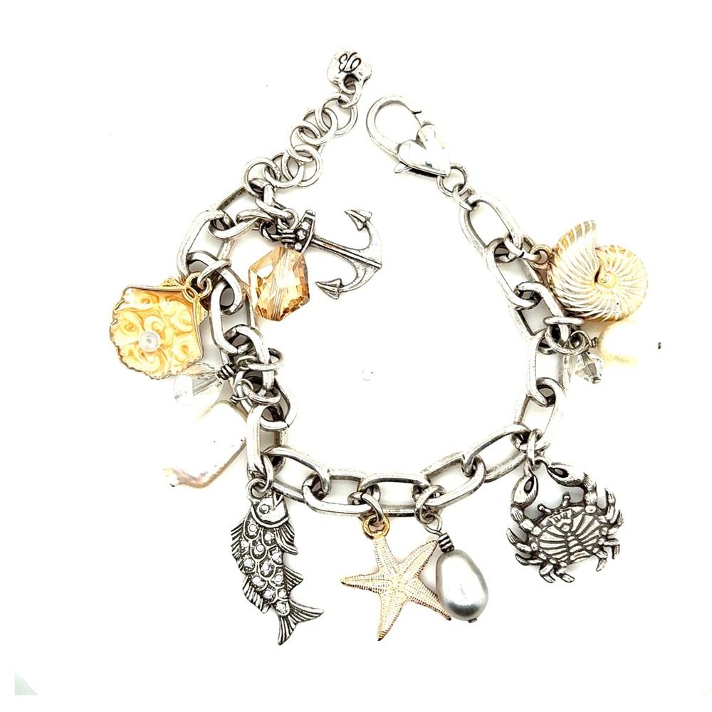 Brighton Nautical Sea Life Charm Bracelet Silver Tone Starfish Crab Shell 7-8"
